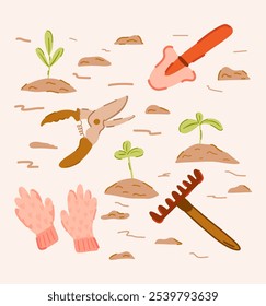 Gardening tools vector illustration icon collection. glove, rake, shovel cottagecore isolated agriculture equipment, instruments for planting and farming doodle Hand drawn colored set spring plants