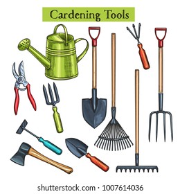 Gardening tools vector illustration in retro sketch style. Shovel, rake and pruner. Watering can, chopper, pruner, ax and forks.