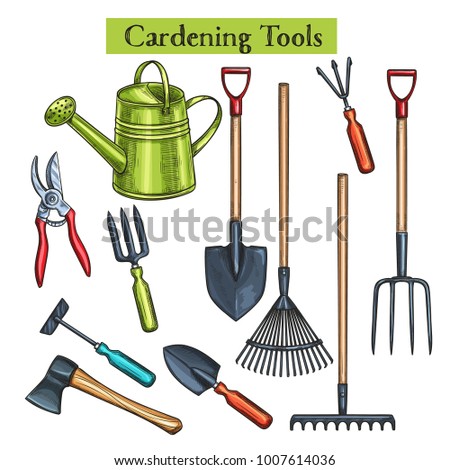 Gardening tools vector illustration in retro sketch style. Shovel, rake and pruner. Watering can, chopper, pruner, ax and forks.