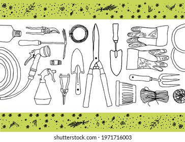 Gardening tools, vector illustration set of doodle