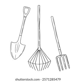 Gardening tools vector illustration in sketch style. Shovel, pitchfork and a rake.