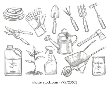 Gardening tools vector illustration in sketch style. Axe, seedling, gardening can and cutter. Fertilizer, glove, insecticide, pitchfork, wheelbarrow and watering hose.