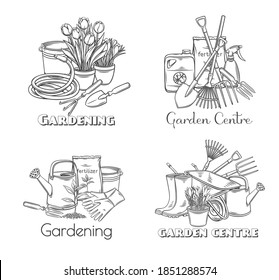 Gardening tools vector outline hand drawn monochrome set with lettering for design garden center. Horticulture equipment, pots flowers, wheelbarrow, watering can, shovel, rake, gloves, etc.