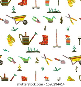 Gardening tools. Vector seamless hand drawn pattern with garden ornate equipment, gloves, rake, gums, watering can, cutter. Horticulture colorful illustration in retro style isolated on white. 