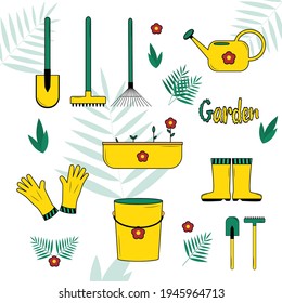 Gardening tools. Vector set for gardening: shovel, rake, broom, gloves, watering can, rubber boots, bucket, potted flowers.