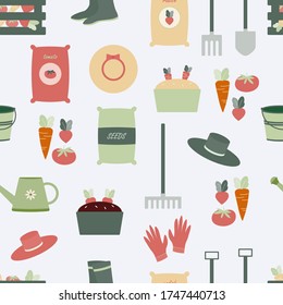 Gardening tools, vegetables, clothing seamless repeat vector pattern. 