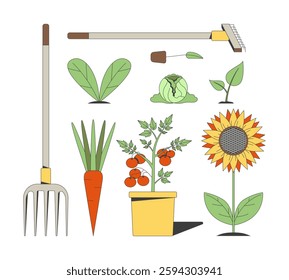 Gardening tools, vegetables and plants 2D cartoon object. Pitchfork, rake, sunflower, cabbage, carrot and cherry tomatoes pot isolated element flat vector clip art on white. Spot illustration