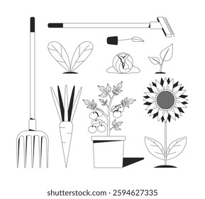 Gardening tools, vegetables and plants 2D line object. Pitchfork, rake, sunflower, cabbage, carrot and cherry tomatoes pot isolated clipart vector ink outline item. Monochrome spot illustration