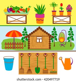 Gardening tools and vegetables web banners. Vector illustration of organic garden. 