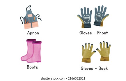 Gardening tools watercolor painting. Garden apron, gloves and boots clipart. Garden wearing protection watercolor isolated on white background