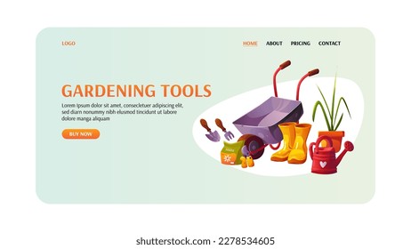 Gardening Tools Web Banner or Landing Page. Farmers market background. Vector Illustration in Cartoon Style.
