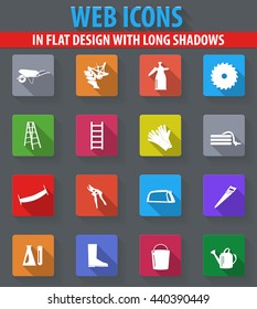 Gardening tools web icons in flat design with long shadows