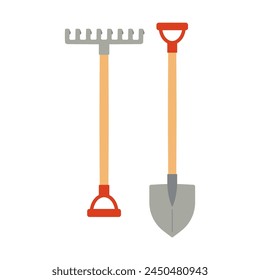 Gardening tools for working in the ground. Rake and shovel Vector illustration