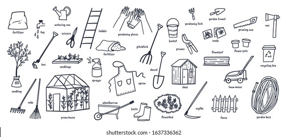 Gardening tools and yard elements doodles hand drawn vector illustration. 