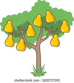 Gardening: tree with green leaves and ripe yellow pears isolated on white background. Green grass near the tree. Flat infographics. Vector illustration.