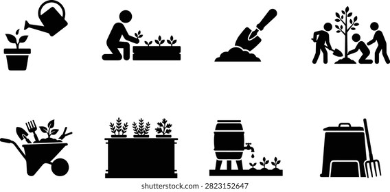 Gardening and Tree Planting Icon Set Black Silhouette Watering Can Gardener Shovel Wheelbarrow Compost Bin Vector Illustration