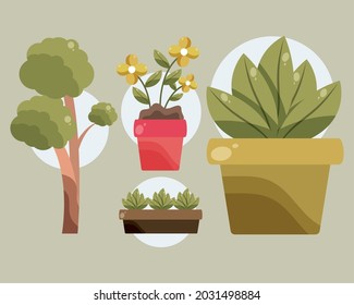 gardening tree and plants set