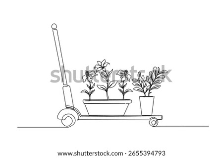 Gardening trolley in continuous one line drawing. Single line art illustration of trolley or cart for farming.