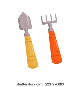Ilustración vectorial de la horquilla y la carretilla de jardinería. Herramientas agrícolas aisladas en fondo blanco. Jardinería, concepto de agricultura