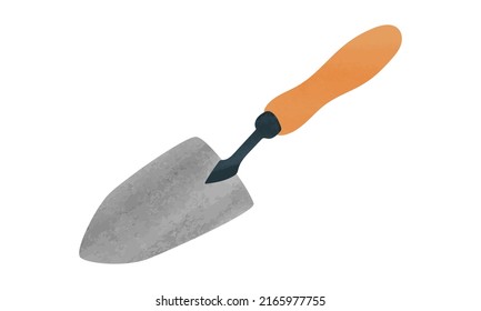 Gardening trowel with wooden handle watercolor style vector illustration isolated on white background. Simple garden trowel clipart. Garden tools watercolor cartoon drawing. Farmhouse clipart