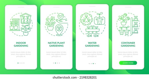 Gardening types green gradient onboarding mobile app screen. Agriculture walkthrough 4 steps graphic instructions with linear concepts. UI, UX, GUI template. Myriad Pro-Bold, Regular fonts used