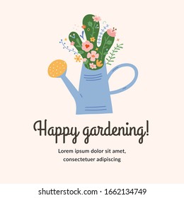 Gardening typography card with illustration of watering can with spring flower bouquet Gardening placard template with inspirational writing, vector invitation, cute spring card for gardeners