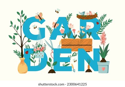 Gardening typography vector illustration. Garden title with plants, flowers, birds and garden tools seasonal flat style poster template. Outdoor hobby t-shirt print. Isolated