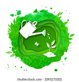 Gardening vector background with watering can, growing sprout and green paper cut banner on watercolor stain with leaves.