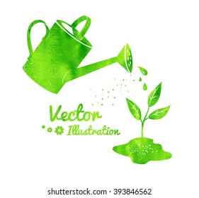 Gardening vector background with watering can and growing sprout.