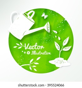 Gardening vector background with watering can and growing sprout.