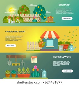 Gardening vector banners with garden tools, seeds and plants icons