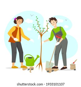 Gardening vector concept illustration. Man and women plant a tree. Volunteers are planting a tree. Garden work vector concept in a flat cartoon style.