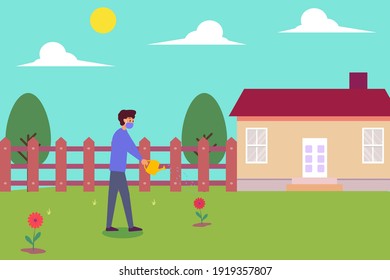 Gardening vector concept: Young man watering flower in the backyard while wearing face mask in new normal