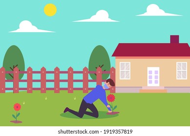 Concepto vectorial de jardinería: Hombre joven plantando una flor en el patio trasero mientras usa máscara