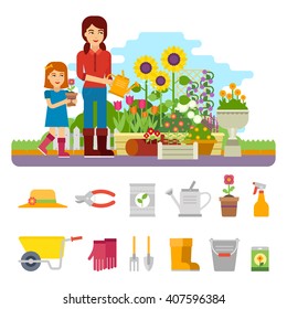 Gardening vector flat illustration, infographic elements with horticultural tools. Woman  plants a sprouts and takes care of the flower garden. Mom and daughter watered flowers