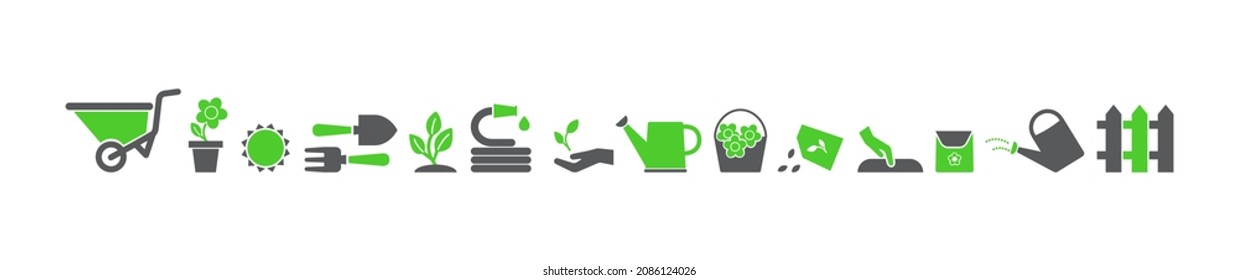 Gardening vector icon, hose, tree, growth in soil plant and flower, house garden tool set isolated on white background. Farm illustration