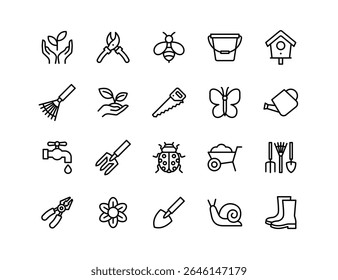 Conjunto de Ícones de Vetor de Jardinagem | Espessura ajustável da linha | Planta, flor, pá, rake, regador, balde, luvas, botas, borboleta, mangueira, poda, solo, crescer ícones