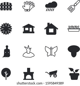 gardening vector icon set such as: clothing, fence, light, shiny, pair, fungus, heat, protection, accessory, transportation, cart, wooden, line, sapling, pitchfork, flying, process, mushroom, chimney
