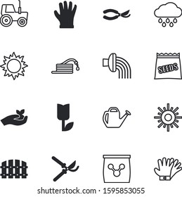 gardening vector icon set such as: can, environment, rain, seed, sky, blue, picket, vehicle, art, wood, outdoor, overcast, minimal, sack, climate, branch, harvest, cultivation, raindrop, power