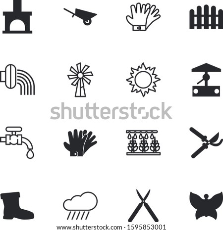 gardening vector icon set such as: trickle, classic, barrier, beauty, gate, push, interior, fireplaces, field, blade, clipper, forecast, stone, faucet, stove, trolley, insect, rainy, wellspring