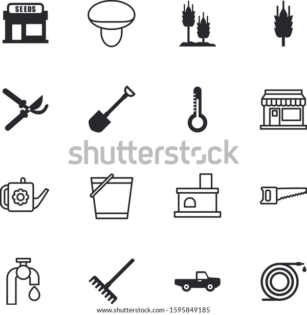 gardening vector icon set such as: stove, meter,\
forest, car, interior, pruner, medical, degree, save, transport,\
pick, carpentry, traditional, van, container, saw, planting, heap,\
serrated, fire