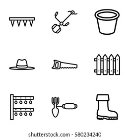 Gardening vector icons. Set of 9 Gardening outline icons such as gardening tool, plowing tool, saw, irrigation system, pot for plants, fence, boot