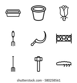 Gardening vector icons. Set of 9 Gardening outline icons such as pitchfork, scythe, garden hammer, pot for plants, rose, fence
