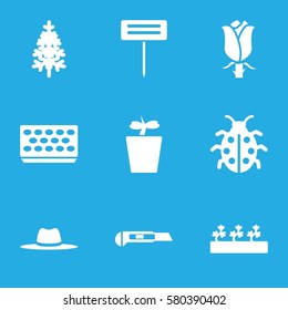 Gardening vector icons. Set of 9 Gardening filled icons such as cutter, gardening tool, pot for plants, plant in pot, sprout plants, pine-tree, rose, ladybug