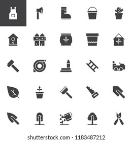 Gardening vector icons set, modern solid symbol collection, Pictogram pack. Signs, logo illustration. Set includes icons as Apron, Axe, Boot, Bucket, Fence, House, Plant, Pot, Garden, Watering Hose