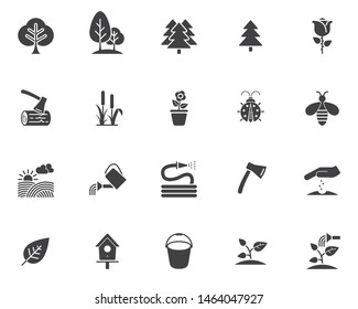 Gardening vector icons set, modern solid symbol collection, filled style pictogram pack. Signs, logo illustration. Set includes icons as seeding, plant watering, field, bee, flower, hose, nesting box