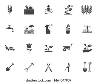 Gardening vector icons set, modern solid symbol collection, filled style pictogram pack. Signs, logo illustration. Set includes icons as spike of wheat, watering sprinkler, field, vegetable , seedling