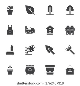 Gardening vector icons set, modern solid symbol collection, filled style pictogram pack. Signs, logo illustration. Set includes icons as houseplant, tree, apron, shovel, rake, watering hose, seed bag