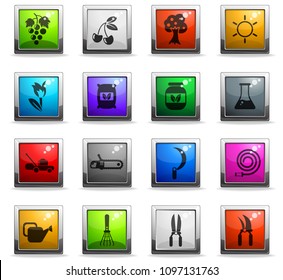 gardening vector icons in square colored buttons