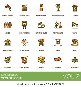 Gardening vector icons. Water supply, hose, spray bottle, outdoor light, lantern, fence, soil ph meter, planting guide, temperature, picnic table, arbor, swing, well, harvest, starling box, vermin.